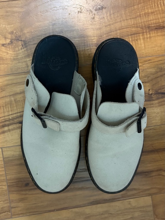 Dr. Martens Shoes - Dr. Martens Cream Suede Clog Mules with Buckle Strap